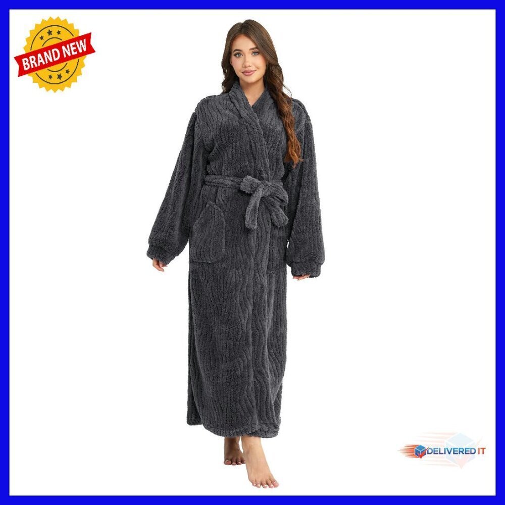 Plush Fleece Bathrobe with Pockets V-Neck Shawl Collar